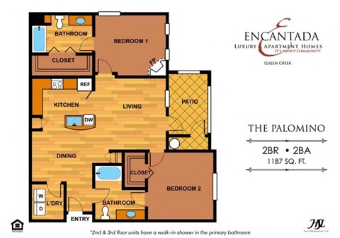 The Palomino floor plan at the Encantada Queen Creek apartments with 2 bedrooms and 1 bathroom